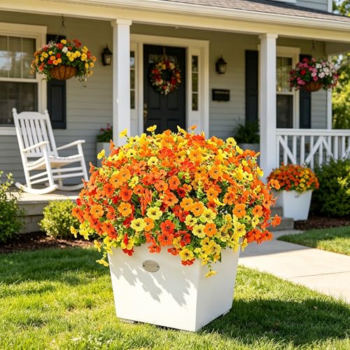 12 Bundles Artificial Flowers for Outdoor UV Resistant and Realistic, Faux Daisy Fake Flowers with Eucalyptus Leaves for Porch, Patio, Planter, Window Box, Home, Garden Decor - color: Yellow Orange Red