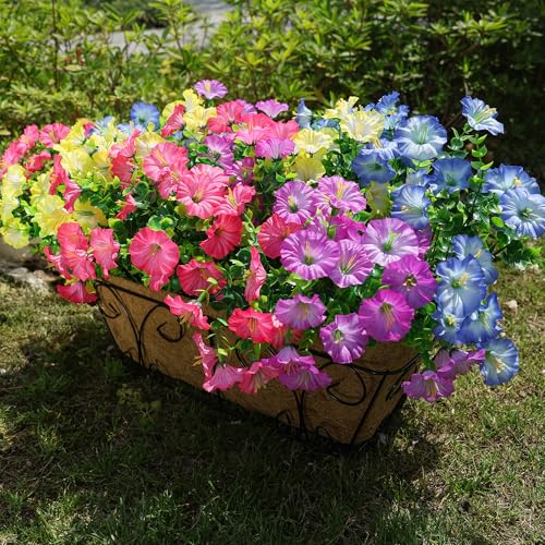 HyeFlora Artificial Flowers for Outdoors Fake Plants Outside Decoration, 12 Bundles Silk Colorful Morning Glory with Eucalyptus UV Resistant Realistic Faux Flowers for Planter Porch Patio Yard Indoor - color: Multi Color(3 Gradient Pink, 3 Gradient Purple