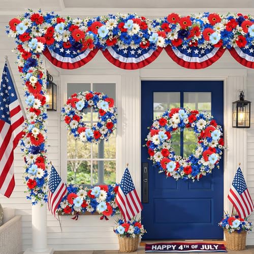 6 ft Red White Blue Garland 4th of July Patriotic Flower Garland for Mantle Artificial 250th Decoration with Daisy Lavender Vine Memorial Day Faux Floral for Independence Table Decor - style: Independence Day