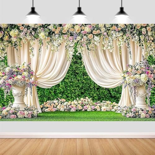 5X3ft Wedding Floral Backdrop Rose Greenery Wall White Curtain Photography Background for Wedding Bridal Shower Engagement Anniversary Party Cake Table Decor Photo Booth Studio Wall Decor Banner - color: Multi6, size: 5X3FT