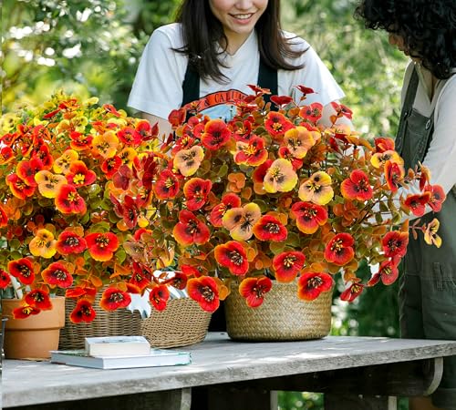 Artificial Mums Fall Flowers for Outdoors, 12pcs Fake Mums UV Resistant Outdoor Artificial Plants, Faux Silk Flowers Plants for Porch,Garden, Patio,Window Box Decoration - color: Orangred, size: 12