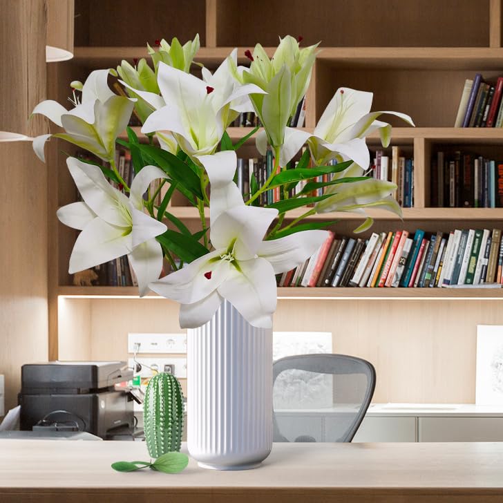 Artificial Lily Flowers,4 Pcs Faux Lily Flowers,32.5 Inch Long Stem Tiger Lily Branch with 2 Full Blooms and 1 Bud, Latex Real Touch Lilium Flower for Wedding Bouquet (4, White) - color: White