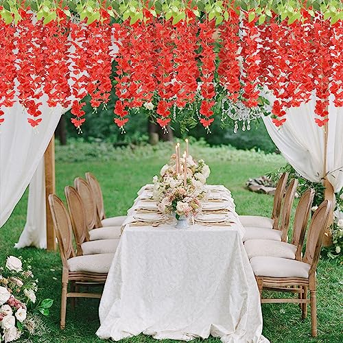 U'Artlines 24 Pack (Total 86.4 Feet) Artificial Fake Wisteria Vine Rattan Hanging Garland Silk Flowers String Home Party Wedding Decor (24, Red) - color: Red