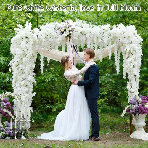LFF 24 Branches White Wisteria Hanging Flowers, 4.58FT Fake Silk Wisteria Artificial Flowers, Faux Wisteria Garland for Wedding Arch, Party Backdrop, Home & Party Decoration (55 Inches Long) - size: Long/8Pack