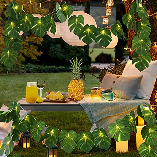 RECUTMS 2 Pack Artificial Tropical Palm Leaves String Lights, Large Size 20 LED Monstera Green Leaf Hanging Vine Greenery,Indoor Hawaiian Luau Jungle Beach Safari Baby Shower Party Spring Summer Decor - color: Monstera Leaf String Lights Large Size 2pcs