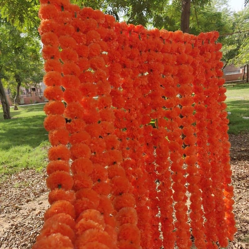 Artificial Marigold Garland for Decoration 5 Pcs of 5 feet Long Strands Artificial Marigold Flowers, Indian Decor for Pooja, Wedding Christmas, Events Decorations (Orange) - color: Orange