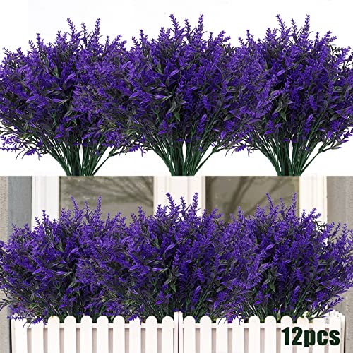 RECUTMS Artificial Plants Outdoor Artificial Lavender Flowers 12 Bundles Outdoor UV Resistant Fake Flowers No Fade Faux Plastic Plants Garden Porch Window Box Decor,Spring Decorations for Home(Purple) - color: Purple, size: 12 Bundles