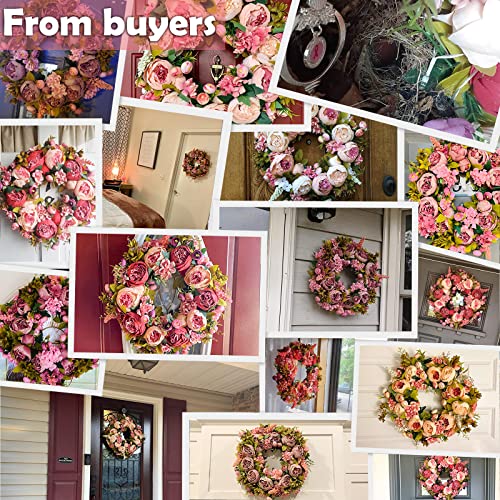 BOMAROLAN Artificial Peony Flower Wreath 19Inch Vintage Blooming Silk Peonies Spring Summer Fall Winter Large Wreaths Flower Green Leaves for Outdoor Front Door Indoor Wedding Wall Or Window Décor - color: Dark Pink