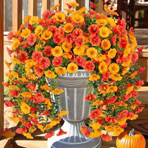 Ivydale 2 PCS Artificial Hanging Flowers Fake Plants Outdoor,Silk Morning Glory Faux Flowers with Eucalyptus Leaves,UV Resistant Realistic Hanging Plants for Home Garden Decor (Yellow+Orange) - color: Yellow+orange