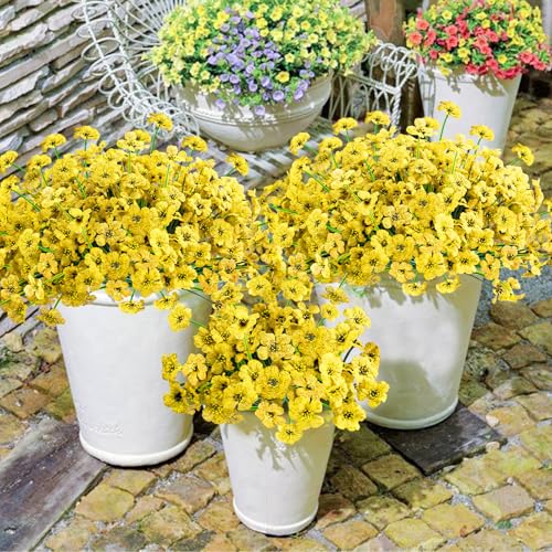 Krissing 48 Bundles Outdoor Artificial Flowers UV Resistant Fake Silk Flowers Faux Plastic Plants Outside Garden Porch Window Box Summer Decoration (Yellow) - color: Yellow