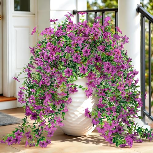 QCQHDU Artificial Hanging Flowers for Outdoors,2Pcs Fake Hanging Plants 29.5 Inch Long for Spring Summer Decoration,UV Resistant Faux Flowers for Patio Porch Garden Yard Balcony Decor, Purple - color: Purple