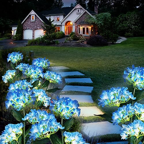 Garden Lights Solar Flower Light, LED Solar Powered Outdoor Light Decor for Path Yard Walkway Patio Balcony Lawn, Hydrangea Artificial Flower (Blue, 2)