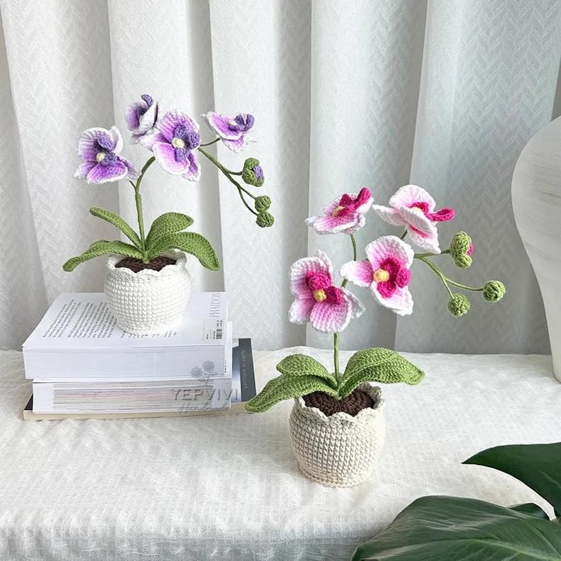 Handmade Crochet Phalaenopsis Orchid Potted Plants Knitted Artificial Orchid Phalaenopsis Flowers with Exquisite Pot for Home Office Wedding Table Centerpiece Decoration,Pink - color: Pink