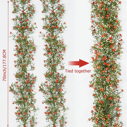 2 Pcs 5.8ft Artificial Baby Breath Flower Vines, Babys Breath Artificial Flowers Real Touch Faux Gypsophila Hanging Fake Baby's Breath Garlands for Wedding and Baby Shower Decor(Red-Orange - color: Red-orange