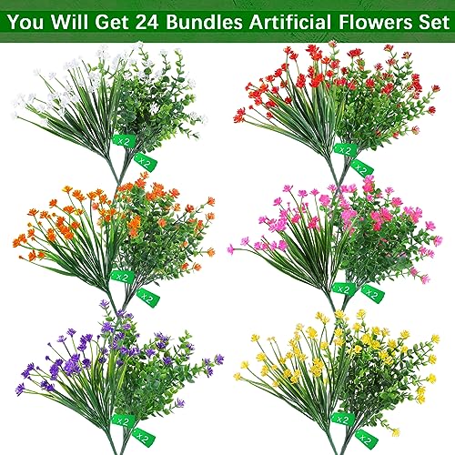 AGIRL 24 Bundles Artificial Flowers Outdoor,No Fade Fake Plastic Flowers Faux Plants for Decoration Hanging Planters Indoor Outside Garden Porch Window Box Home Farmhouse Wedding - color: 6 Mix Colors, size: 24
