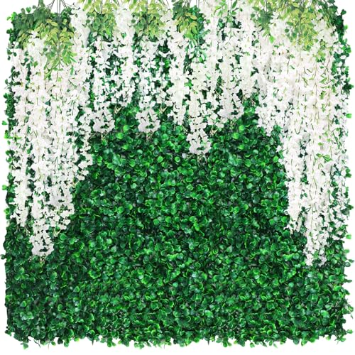 54 Pack Greenery Backdrop with Flowers Include 18 Pcs 16" x 24" Grass Wall Panels Artificial Hedge Boxwood Panels 36 Pcs 3.6 Feet Wisteria Hanging Flowers Garland for Wedding Summer(White) - color: White