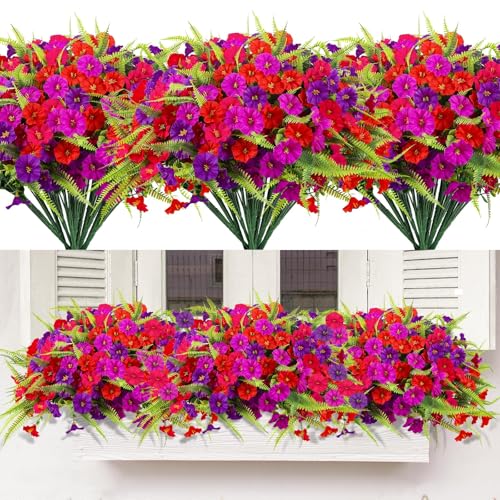 Artificial Flowers for Outdoors 12 Bundles UV Resistant Artificial Petunias Fake Flowers Shrubs Plants with Fern for Indoor Outside Hanging Planters Home Garden Spring Summer Decorations - color: Mixed