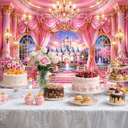 6X4ft Pink Princess Castle Backdrop Floral Curtain Chandelier Palace Photography Background Fairy Tale Wonderland for Girls Birthday Baby Shower Party Photo Booth Wall Decor Banner - color: Multi12, size: 6X4FT