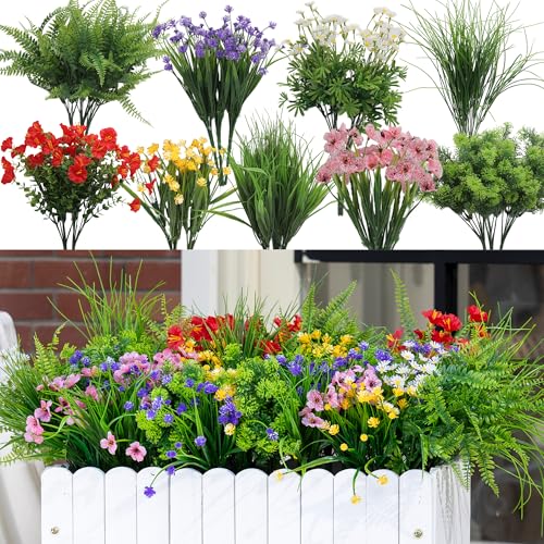 Green Moon 23PCS Artificial Plants Outdoor, Faux Flowers & Greenery Stems | UV Resistant Faux Outdoor plants, Artificial Flowers for Outdoors Garden Patio Porch, Window Box, Spring Summer Home Decor - color: Spring