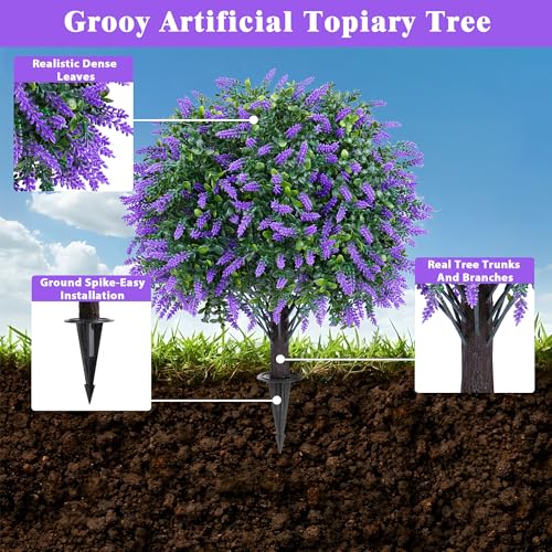 Grooy Artificial Boxwood Topiary Ball with Lavender, Set of 4 Artificial Shrub Bushes with Ground Spike, UV Resistant Fake Evergreen Plant Tree for Porch Outdoor Planters Indoor Valentine's Day - color: Lavender Ball 4pcs