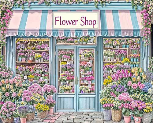 5 x 3 ft Spring Flower Shop Backdrop Flowers Shops Pink Floral Photoshoot Background Flowers Floral Wall Tea Party Decorations Backdrop for Photography Decor Banner, Photographic Studio Photo Prop - color: Flower Shop, size: 5X3FT