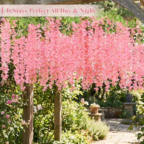 U'Artlines 24 Pack (Total 86.4 Feet) Artificial Fake Wisteria Vine Rattan Hanging Garland Silk Flowers String Home Party Wedding Decor (24, Fuchsia) - color: Fuchsia