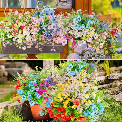 26 Bundles 13 Style Artificial Flowers for Outdoors Multicolor Fake Flowers Plastic Plants Faux Lavender Pansies UV Resistant for Spring Summer Garden Patio Hanging Planter Window Box Vase Decor - color: Faux Flowers for Outdoors