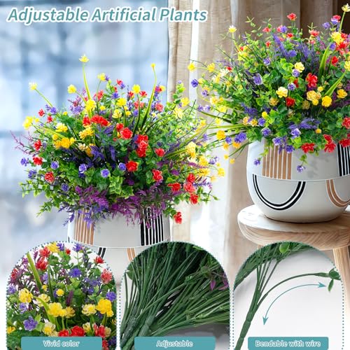 12 Bundles 6 Styles Artificial Flowers for Outdoors, Fake Grass with Plastic Flowers UV Resistant Faux Shrubs Greenery for Spring Summer Garden Patio Window Box (Camellia Lavender Eucalyptus) - color: Red&yellow&purple, size: 12PCS