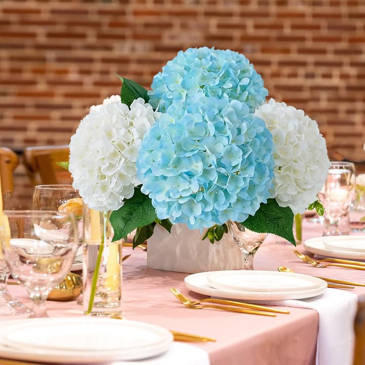 JINWOE Lake Blue Faux Hydrangea Flowers, 4Pcs 22" Large Lifelike Silk Artificial Hydrangeas, Full Fake Flowers for Bouquet Table Centerpieces Outdoor Wedding Indoor Home - color: Lake Blue