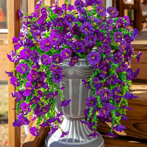 Ivydale 2 PCS Artificial Hanging Flowers Fake Plants Outdoor,Silk Morning Glory Faux Flowers with Eucalyptus Leaves,UV Resistant Realistic Hanging Petunias Plants for Home Garden Decor (Purple) - color: Purple