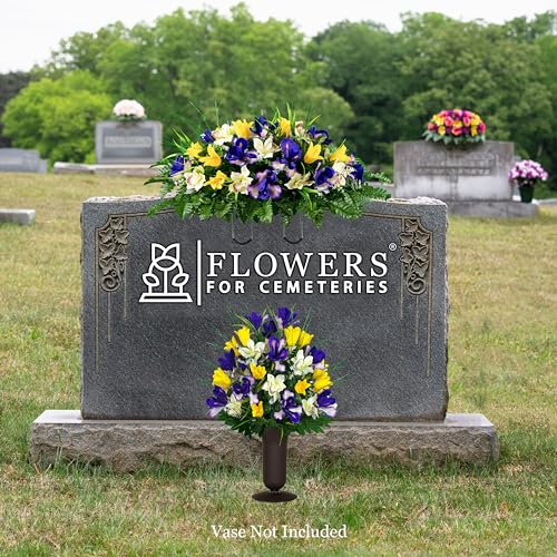 Sympathy Silks Artificial Cemetery Flowers - Grave Decoration - Yellow Tulips and Purple Iris (1) Headstone Saddle (1) Bouquet - color: Yellow/Purple, size: (1) Saddle (1) Bouquet