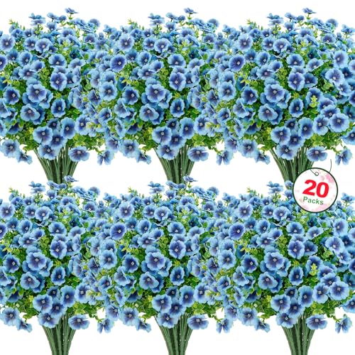 Roberly 20 Bundles Artificial Flowers for Outdoors, Fake Silk Flowers with Plastic Eucalyptus Greenery Stems Realistic Faux Plants for Spring Summer Porch Patio Yard Garden Vase Home Decor, Blue - color: Blue