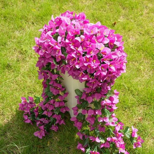 ATTGREAT Artificial Bougainvillea for Outdoors Faux Plants UV Resistant Flowers Fake Plastic Plants Realistic Silk Flowers for Porch Planter Garden Outside Hanging Decoration, 2Pcs (Purple Red) - color: Purple Red