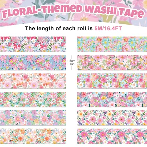 FYSUIMU 12 Rolls Floral Washi Tapes Watercolor Flower Decorative Masking Tape Set Colorful Spring Wrapping Paper Tape for Scrapbook Journal DIY Art Crafts - style: Floral