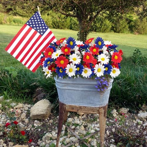 4 Bunches Memorial Day Flowers for Cemetery 15" Red White and Blue Artificial Flowers Faux Daisies Silk Flowers for 4th of July Table Decorations Indoor Outdoor