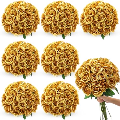 Lyrow 200 Pcs Artificial Roses Realistic Flowers Bulk Real Looking Fake Silk Rose Bouquets with Long Stem Flowers for Wedding Table Centerpieces Bridal Shower Party Home Garden Decor (Golden) - color: Golden