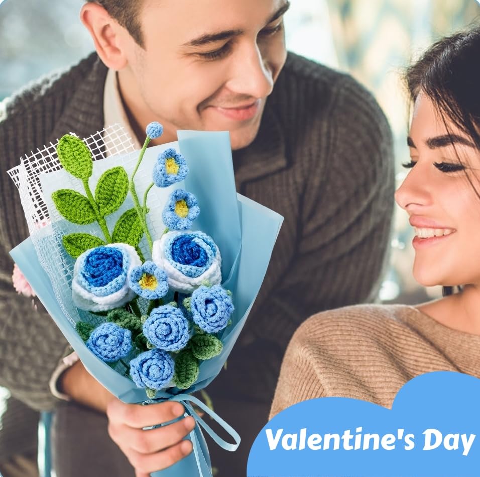 Crochet Flower Bouquet, Handmade Crochet Flowers Knitted Tulips Rose Bouquet Gift, Valentines Birthday Anniversary Knitted Flowers Gifts for Girlfriend Mother Wife Women (Blue) - color: Z-blue