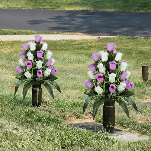XONOR 2 Sets Artificial Cemetery Flowers, Grave Decorations Roses, Memorial Flowers Bouquet with Vase for Grave Cemetery Decoration (Pink &White) - color: Pink &White