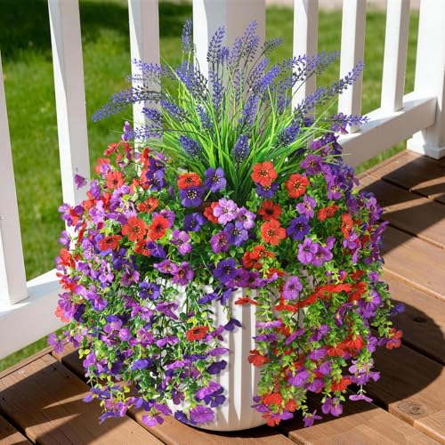 Artificial Fake Hanging Flowers Plants for Outdoor Outside Decoration, Faux Silk Daisy Flower Realistic UV Resistant for Front Porch Patio Balcony Garden Yard Indoor Planter Home Decor(Purple Red) - color: Mixed 2