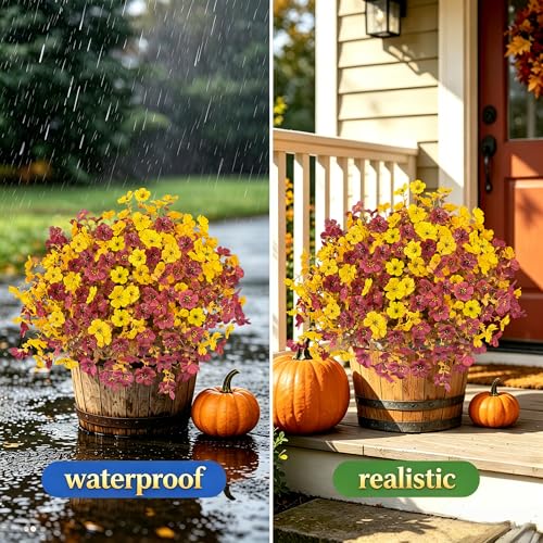 Artificial Flowers for Outdoors UV Resistant, 12 Bundles Realistic Faux Daisy with Eucalyptus Leaves Fake Plants for Porch Patio Planter Garden Decoration (Brown Yellow) - color: Brown Yellow