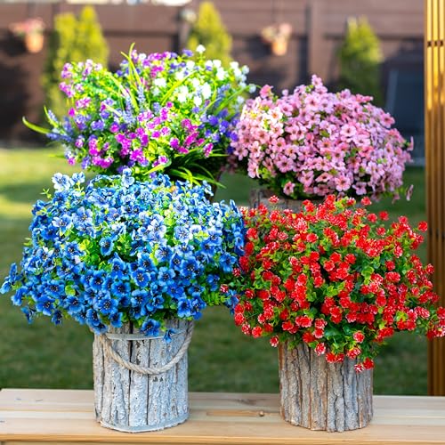 AXYLEX Artificial Flowers for Outdoors, 16 Bundles Fake Plants (Blue) | UV resistant faux plastic flowers, no fade artificial greenery – garden, patio, porch & home - color: Blue