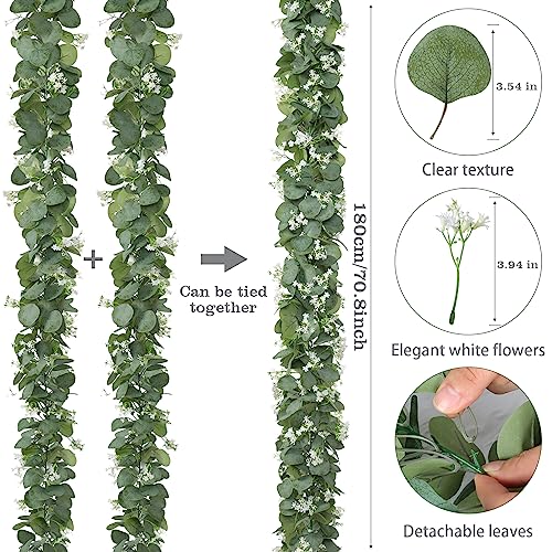 KHOYIME Eucalyptus Garland with White Flowers, 2 Packs 5.9Ft Artificial Silver Dollar Eucalyptus Leaves Plant Fake Greenery Hanging Ivy Vines Faux Wreath for Wedding Arch Party Mantle Table Home Decor - color: Green and White