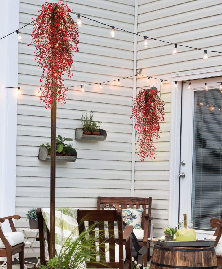 RECUTMS Artificial Hanging Fern Lighted with 30 LED Fake Hanging Ivy Vines Plastic Faux Greenery Plants for Home Wall Bedroom Garden Wedding Outside Decor Pack of 4 (Red) - color: Red-light