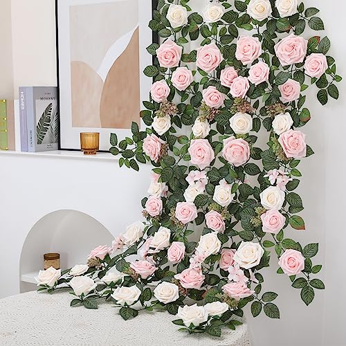 Senseya 5FT Artificial Rose Flower Garland - Blush Pink Fake Floral Vine with Rose Leaves, Runner Rustic Flower Garland for Wedding Arch Backdrop, Table Runner Centerpieces, Party Home Mantel Decor - color: Blush Pink Roses