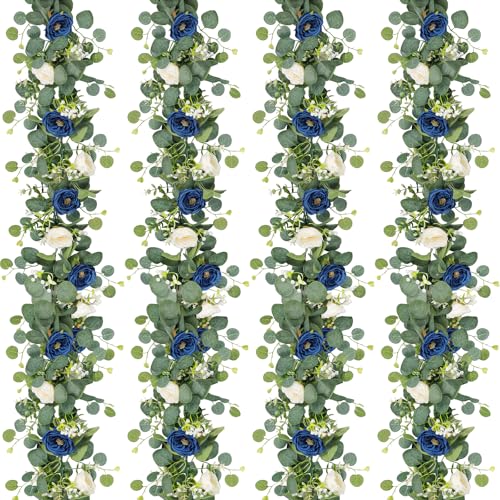 TOCHGREEN 4 Pack Artificial Eucalyptus Flower Garland with White and Blue Roses, Fake Rose Flower Greenery Garland Floral Vines for Wedding Home Party Table Runner Decor (Blue White, 4PCS) - color: Blue White, size: 4PCS