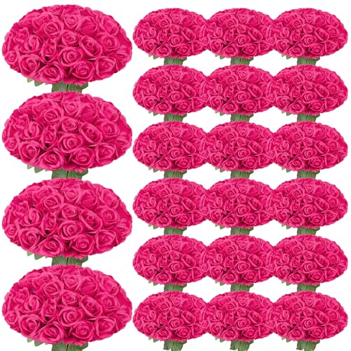 150 Pcs Roses Artificial Flowers,Silk Light Hot Pink Artificial Flowers Fuchsia Petals Long Stem Roses for Wedding Bouquet Home Party Decor - color: Light Hot Pink