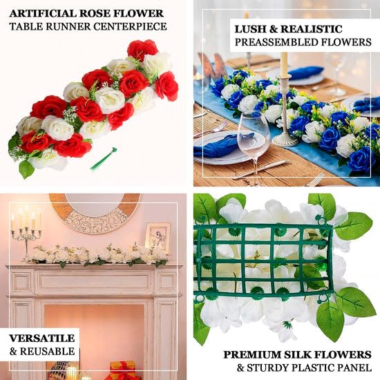 Tableclothsfactory 6 Pack Red Ivory Silk Rose Flower Panel Table Runner, Artificial Floral Arrangements Dining Table Decor - 20"x8"