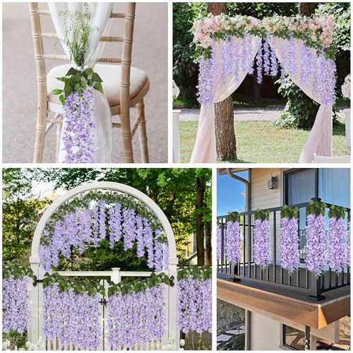 RECUTMS Artificial Lilac Flowers Garland 8Pcs-24Branches 33.5in Fake Syringa Wisteria Vines Faux Silk Lilac Hanging Floral Valentine Day Decor Indoor Outdoor Wedding Arch Birthday Party Garden Purple - color: Purple