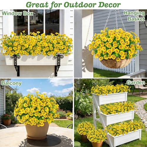 Roberly 20 Bundles Artificial Flowers for Outdoors, Fake Silk Flowers with Plastic Eucalyptus Greenery Stems Realistic Faux Plants for Spring Summer Porch Patio Yard Garden Vase Home Decor, Yellow - color: Yellow