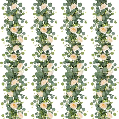 TOCHGREEN 4 Pack 24Ft Artificial Eucalyptus Flower Garland with Champagne Roses, Fake Rose Flower Greenery Garland Floral Vines for Wedding Home Party Table Runner Decor (4PCS, Champagne) - color: Champagne, size: 4PCS